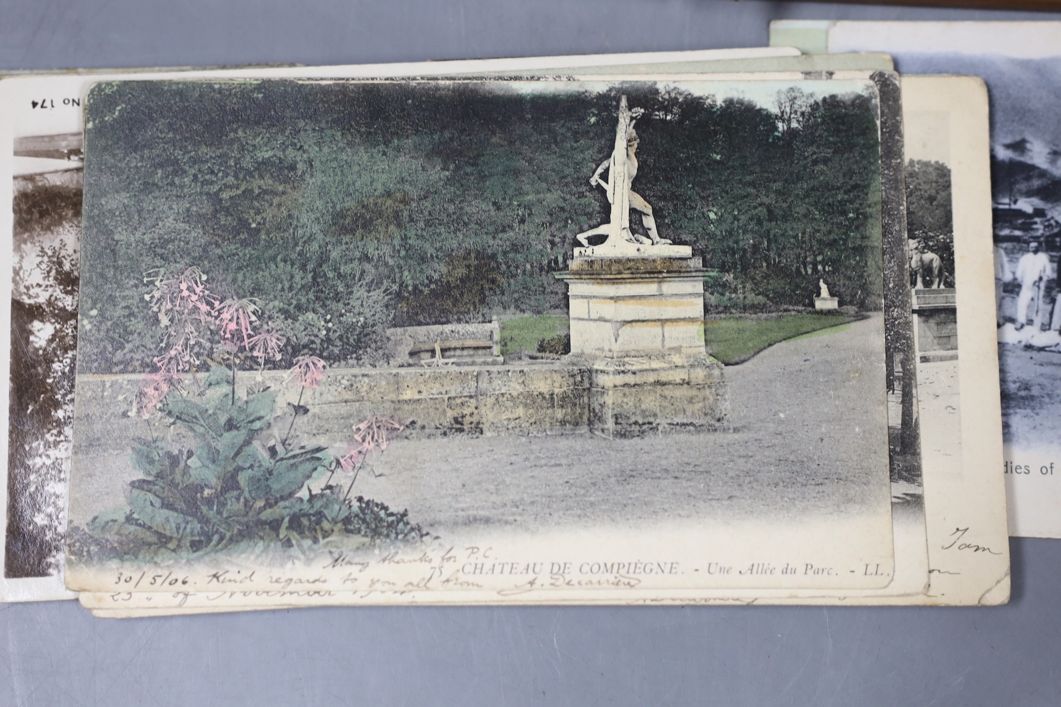 A collection of mostly Edwardian postcards including China, Chinese punishment, France etc